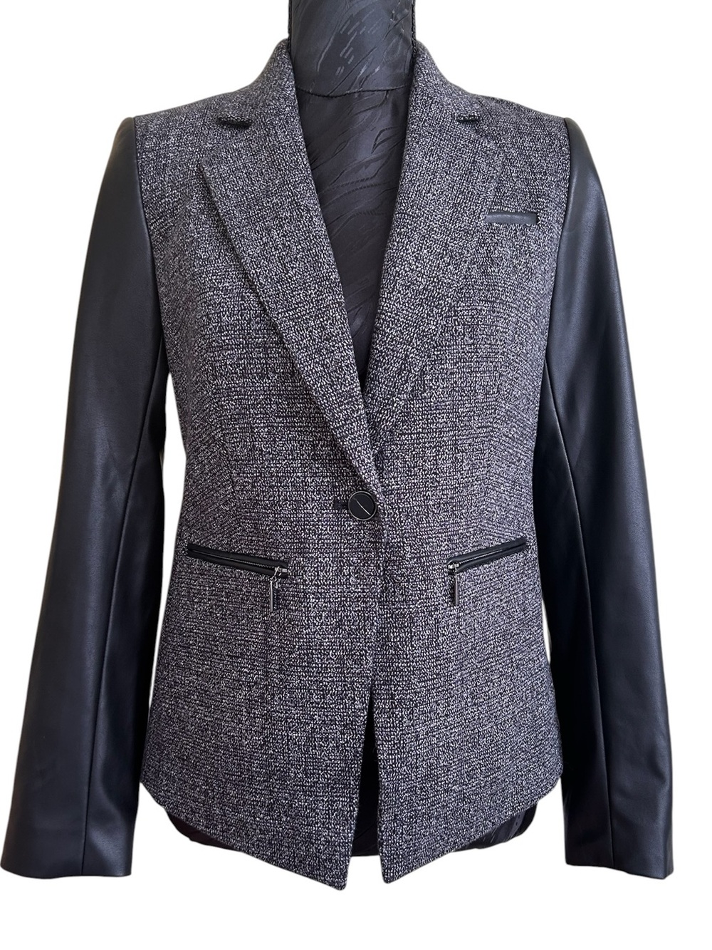 CALVIN KLEIN Womens Black & Gray Tweed Blazer - Faux Leather Sleeves - size 4